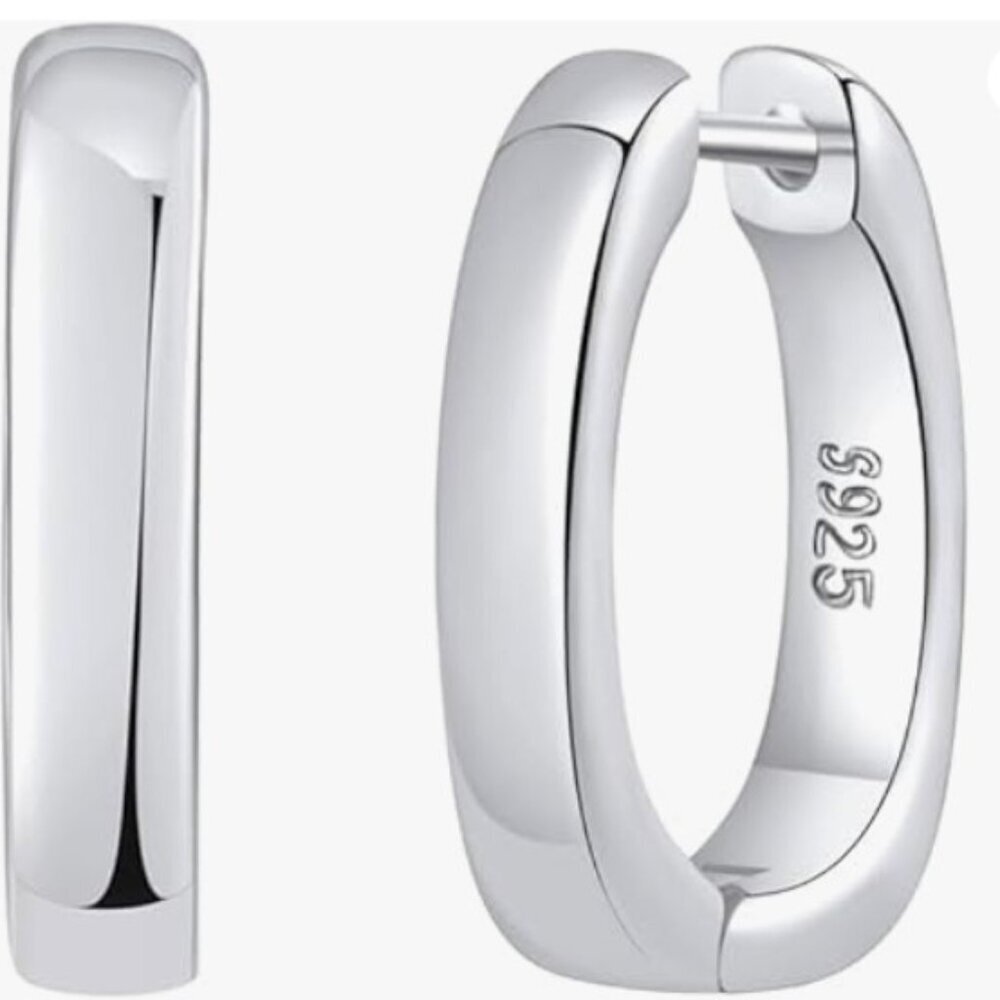 NEW 925 Sterling Silver Oval Huggie Hoop Earrings Minimalist Polished